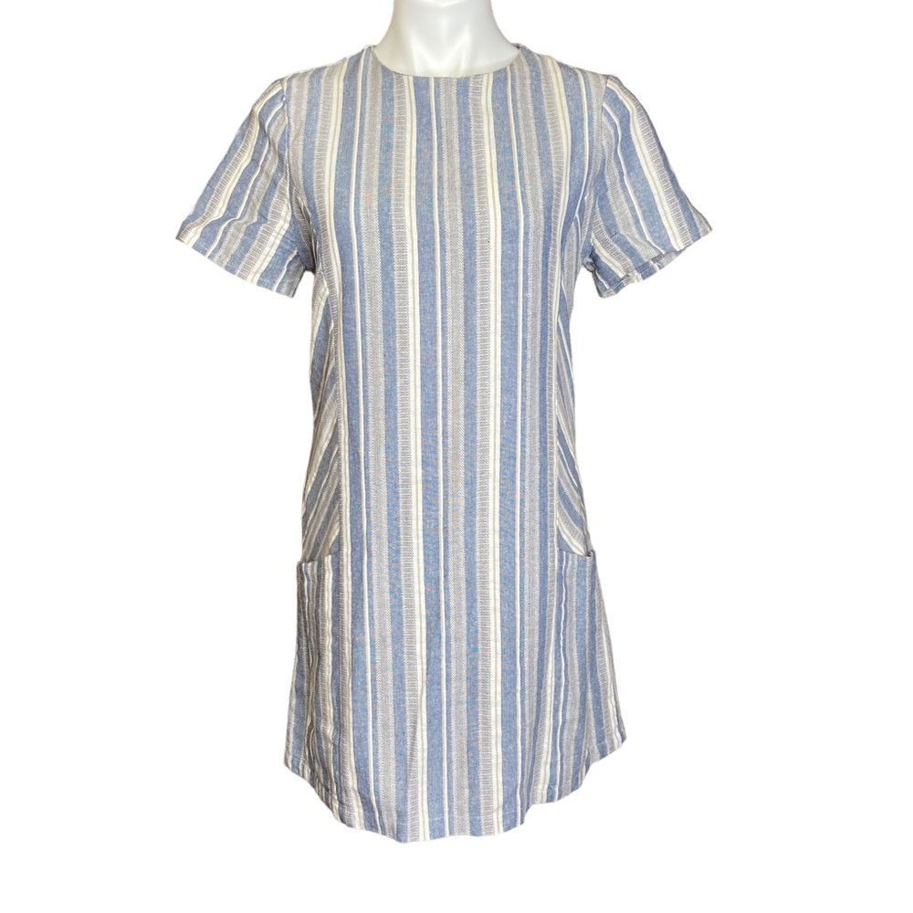 PAPER CRANE Striped Linen Short Sleeve Shift Dress Pockets Size Large
